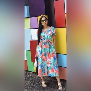 BLOGGERS FAVE Zara Tropical Print Off-Shoulder Button Front Midi Dress Size M